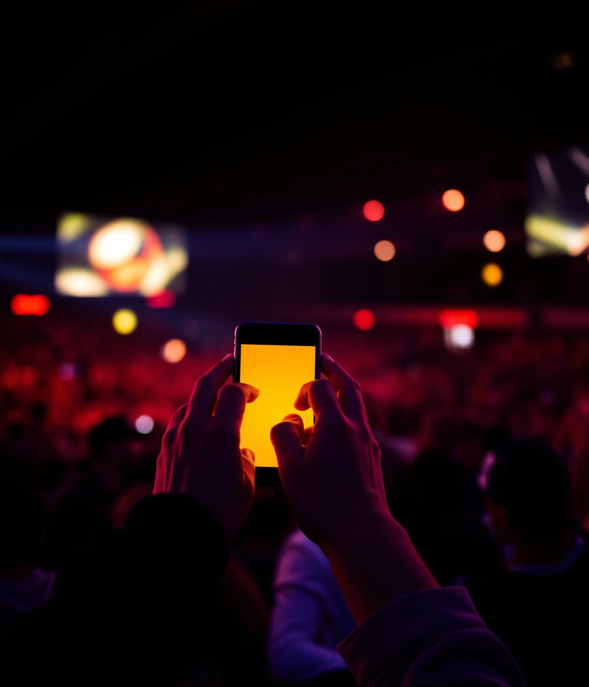 A fan holding up a glowing phone in a packed arena